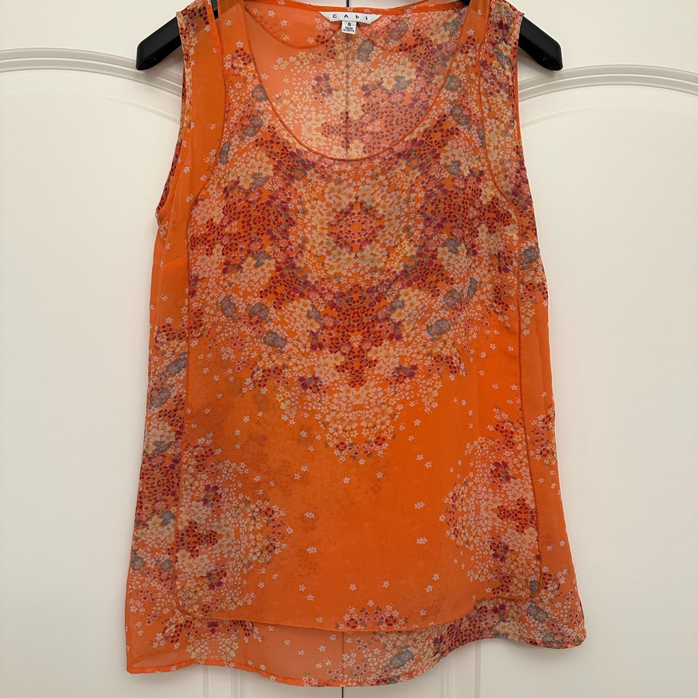 CAbi Orange Floral Merrow Edge Sleeveless Scoop Neck Tank Style# 268 EUC